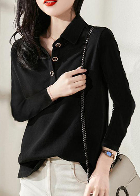 Simple Black Peter Pan Collar Button Cotton Top Long Sleeve