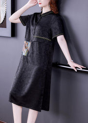 Simple Black Peter Pan Collar Patchwork Button Silk Dress Summer