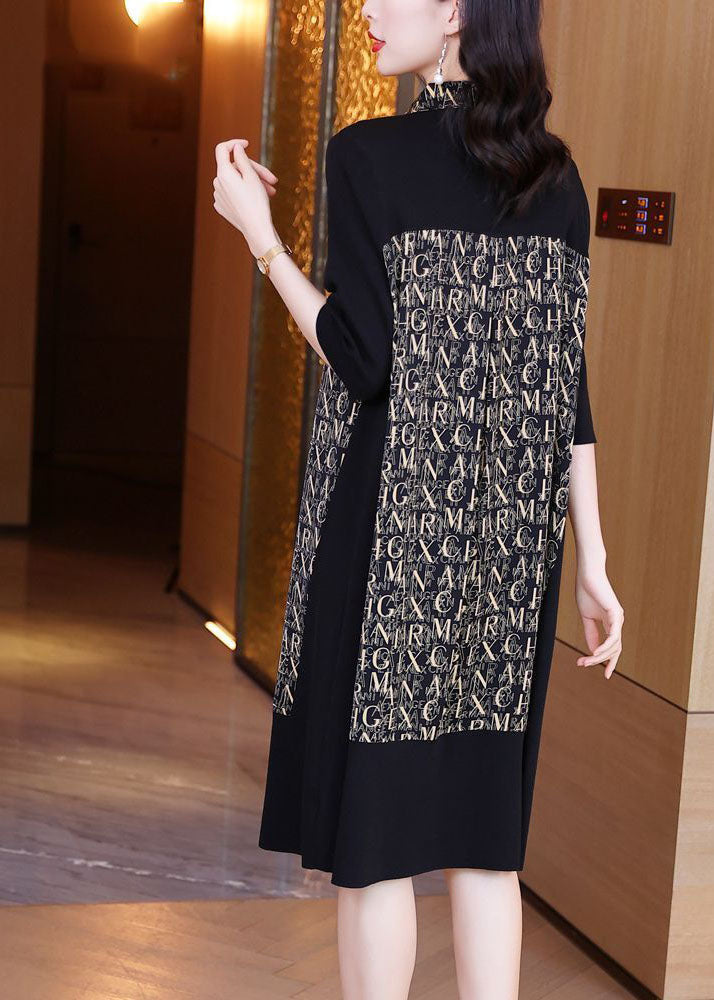 Simple Black Peter Pan Collar Patchwork Letter Print Silk Maxi Dresses Spring