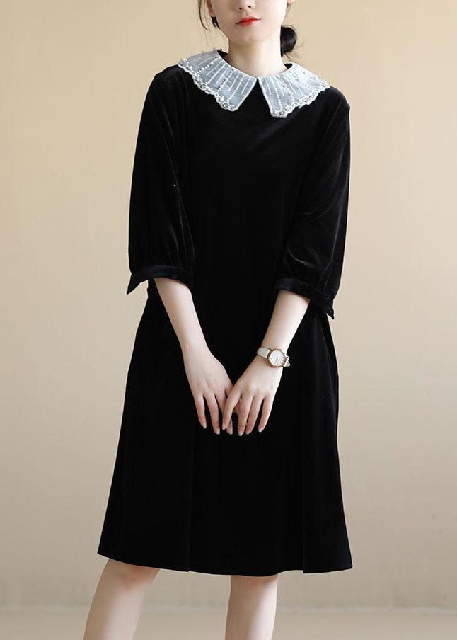 Simple Black Peter Pan Collar Patchwork Velour Maxi Dresses Bracelet Sleeve