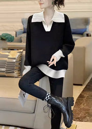 Simple Black Peter Pan Collar Thick Patchwork Knit Sweaters Fall