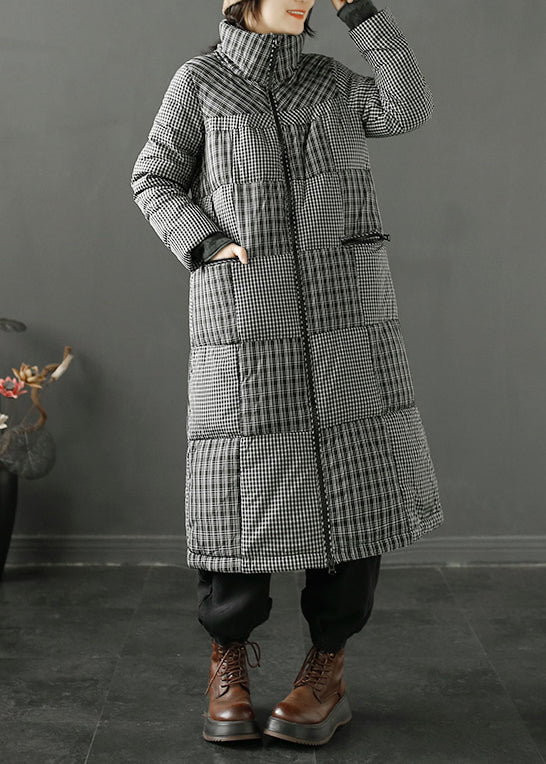 Simple Black Plaid Stand Collar Patchwork Duck Down Puffer Coats Winter