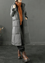 Simple Black Plaid Stand Collar Patchwork Duck Down Puffer Coats Winter