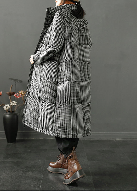 Simple Black Plaid Stand Collar Patchwork Duck Down Puffer Coats Winter