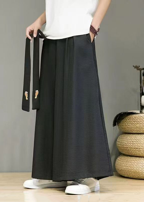 Simple Black Pockets Elastic Waist Cotton Mens Wide Leg Pants Summer