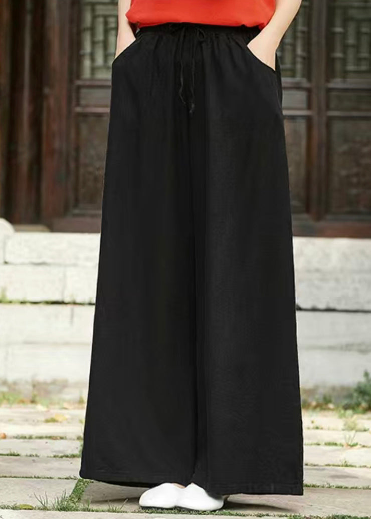 Simple Black Pockets Elastic Waist Linen Pants Summer