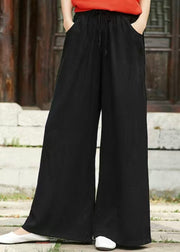 Simple Black Pockets Elastic Waist Linen Pants Summer