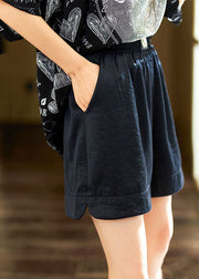 Simple Black Pockets Elastic Waist Patchwork Cotton Shorts Summer