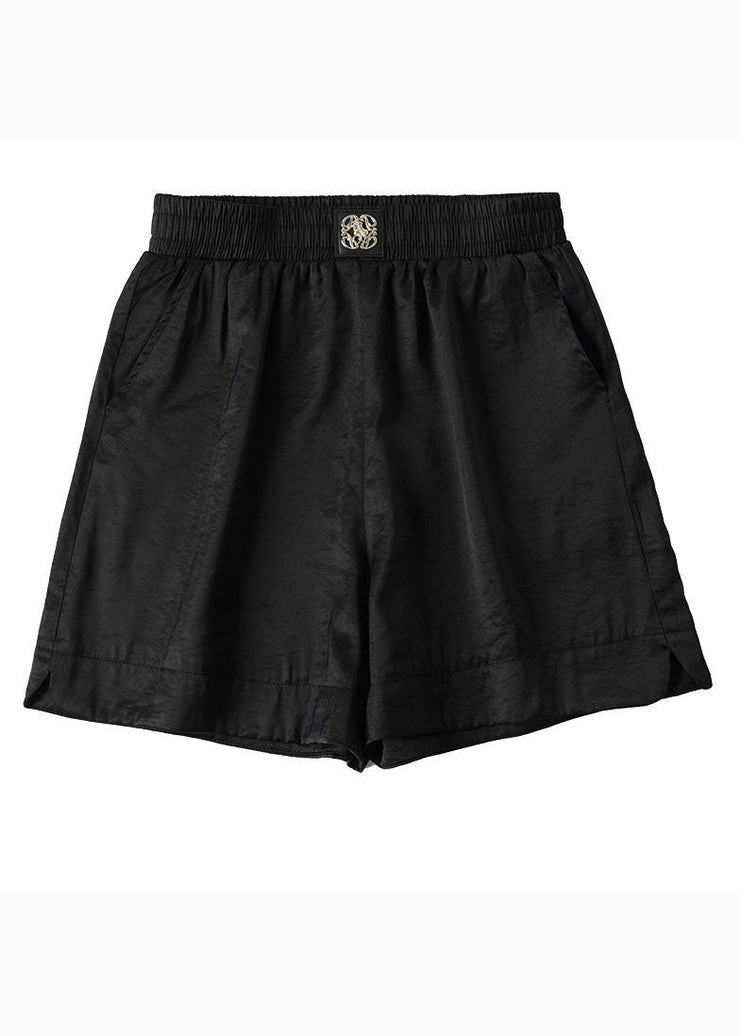 Simple Black Pockets Elastic Waist Patchwork Cotton Shorts Summer