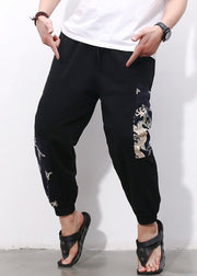 Simple Black Print Pockets Cotton Mens Crop Pants Summer