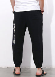 Simple Black Print Pockets Cotton Mens Crop Pants Summer