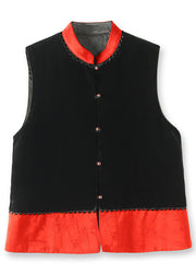 Simple Black Stand Collar Button Patchwork Silk Velour Waistcoat Fall