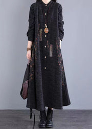 Simple Black Stand Collar Print Button Patchwork Cotton Dress Fall