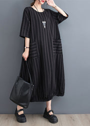 Simple Black Striped Pockets Patchwork Cotton Dresses Summer