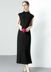 Simple Black Turtleneck Wrinkled Patchwork Chiffon Long Dresses Sleeveless