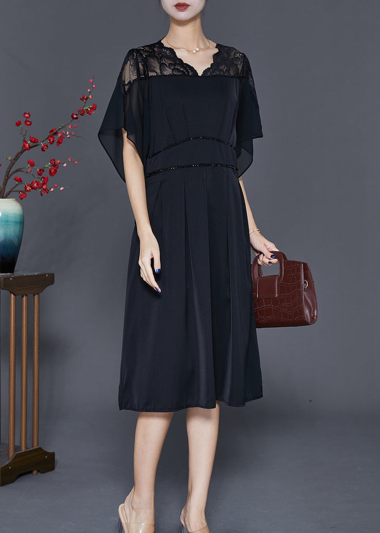 Simple Black V Neck Patchwork Chiffon Vacation Dresses Summer