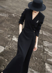 Simple Black V Neck Pockets Side Open Spandex Long Dress Fall