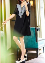 Simple Black V Neck Ruffled Patchwork Chiffon Dresses Summer