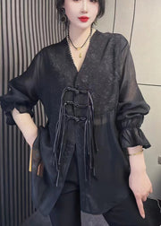 Simple Black V Neck Solid Chiffon Shirts Fall