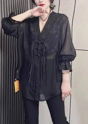 Simple Black V Neck Solid Chiffon Shirts Fall