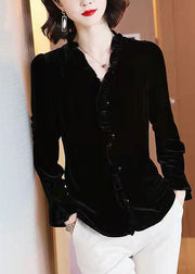 Simple Black V Neck Solid Ruffled Velour Top Long Sleeve