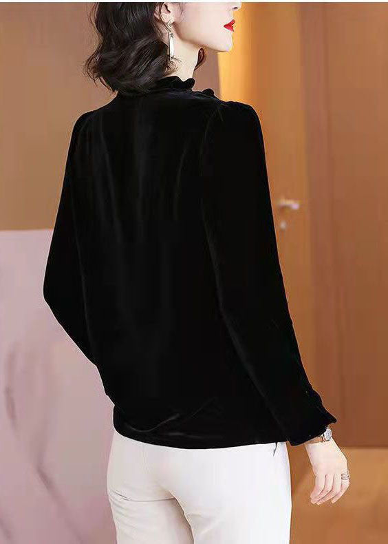 Simple Black V Neck Solid Ruffled Velour Top Long Sleeve