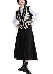 Simple Black V Neck Striped Knit Vests Winter