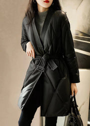 Simple Black V Neck Tie Waist Patchwork Sheepskin Duck Down Coat Winter