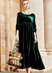 Simple Blackish Green O-Neck Wrinkled Patchwork Silk Velvet Long Dresses Fall