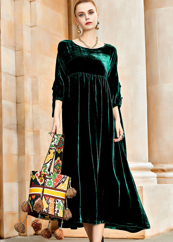 Simple Blackish Green O-Neck Wrinkled Patchwork Silk Velvet Long Dresses Fall