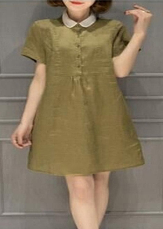 Simple Blackish Green Peter Pan Collar Button Linen Mid Dress Short Sleeve