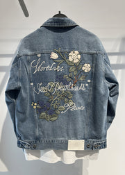 Simple Blue Embroideried Button Denim Men Coat Fall