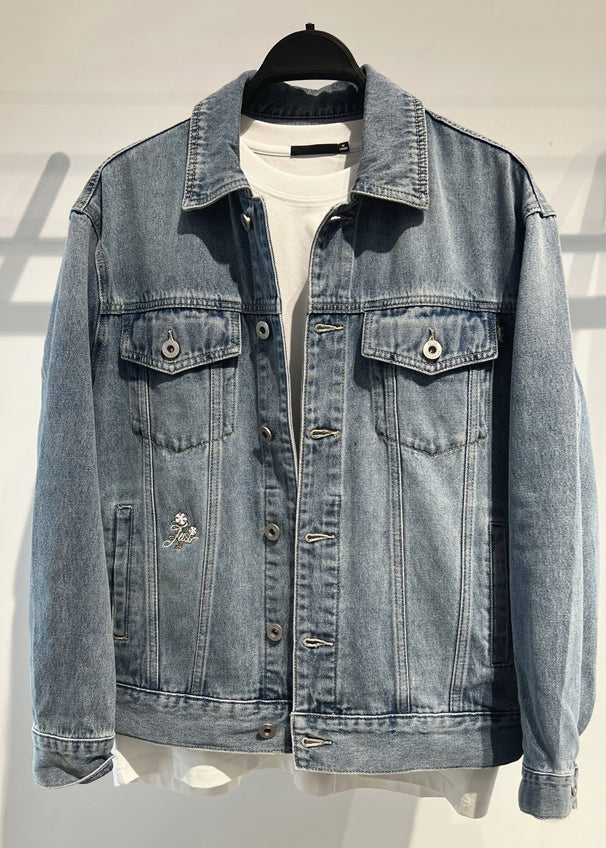 Simple Blue Embroideried Button Denim Men Coat Fall