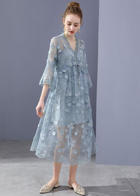 Simple Blue Embroideried Floral Hollow Out Lace Dress Flare Sleeve