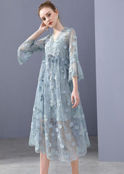 Simple Blue Embroideried Floral Hollow Out Lace Dress Flare Sleeve