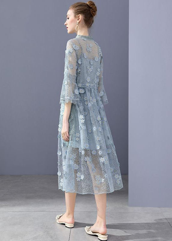 Simple Blue Embroideried Floral Hollow Out Lace Dress Flare Sleeve