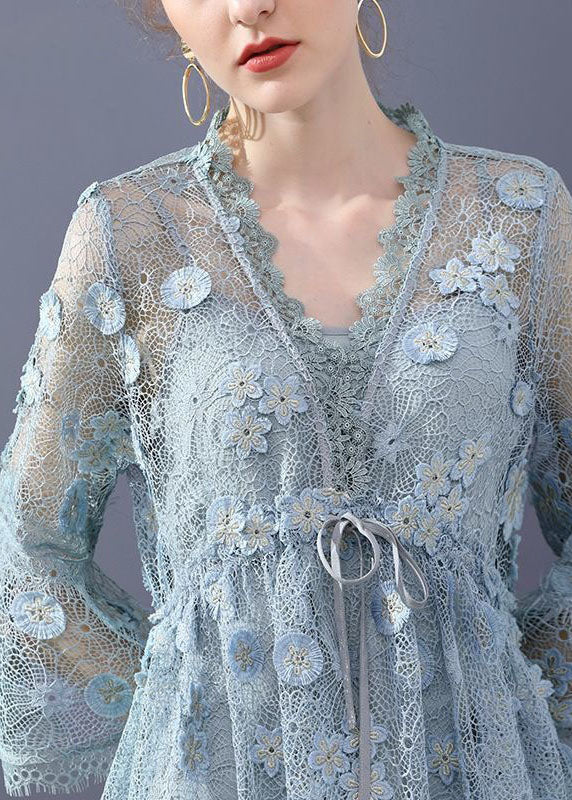 Simple Blue Embroideried Floral Hollow Out Lace Dress Flare Sleeve