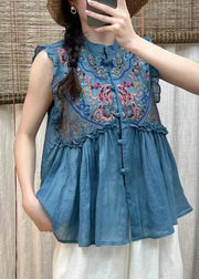 Simple Blue Embroideried Floral Ruffles Button Linen Top Short Sleeve