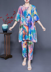 Simple Blue Oversized Tie Dye Side Open Linen Two Pieces Set Summer