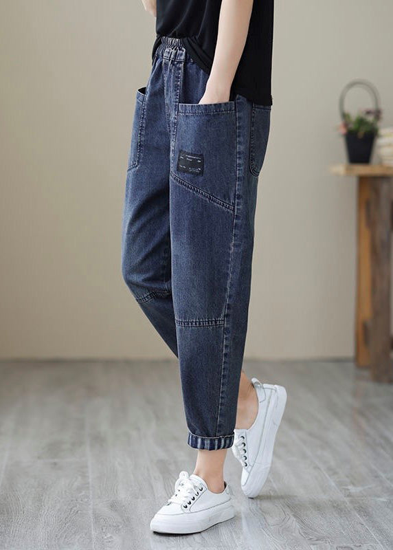 Simple Blue Patchwork Elastic Waist Crop Beam Jeans