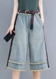 Simple Blue Patchwork High Waist Crop Jeans Summer