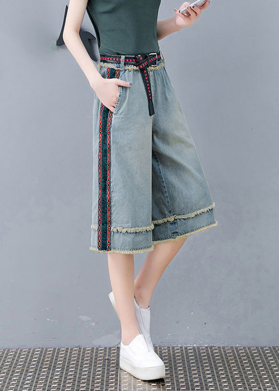 Simple Blue Patchwork High Waist Crop Jeans Summer