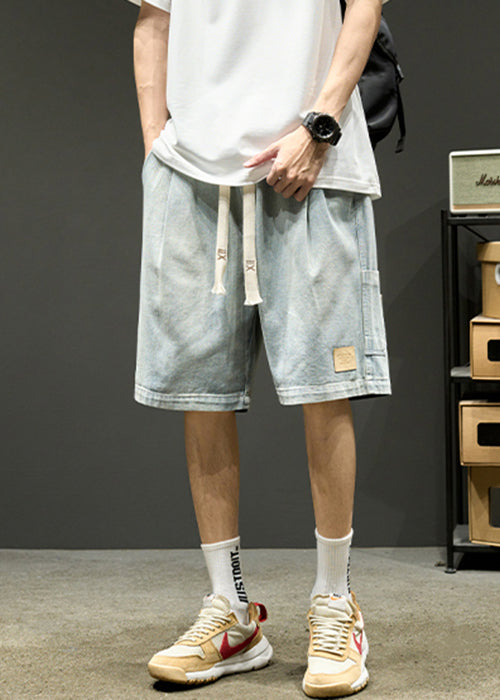 Simple Blue Pockets Drawstring Denim Men Shorts Summer