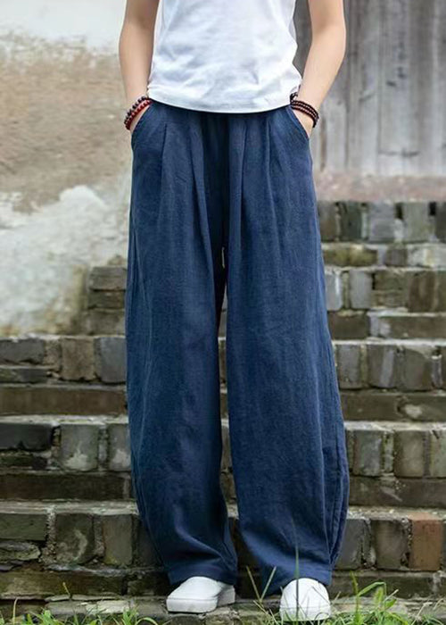 Simple Blue Pockets Solid Linen Pants Summer