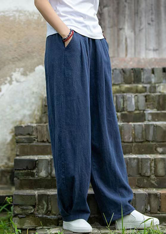 Simple Blue Pockets Solid Linen Pants Summer