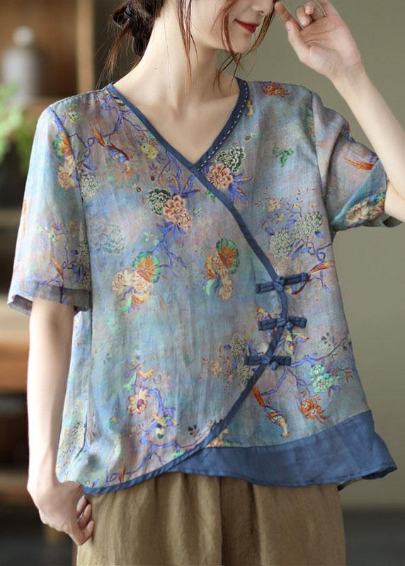 Simple Blue Print Ramie Oriental Summer Tops - bagstylebliss