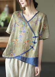 Simple Blue Print Ramie Oriental Summer Tops - bagstylebliss