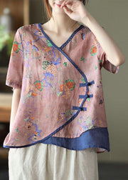 Simple Blue Print Ramie Oriental Summer Tops - bagstylebliss