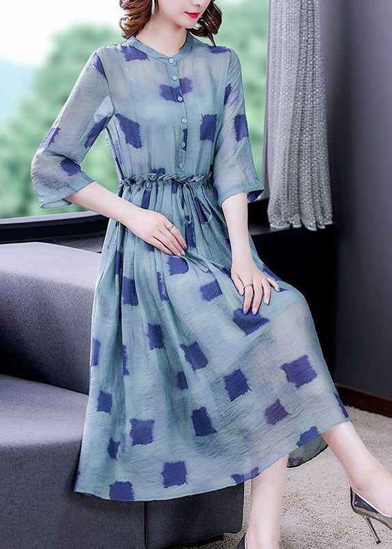 Simple Blue Ruffled Print Silk Cinched Dresses Two Piece Set Bracelet Sleeve