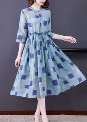 Simple Blue Ruffled Print Silk Cinched Dresses Two Piece Set Bracelet Sleeve